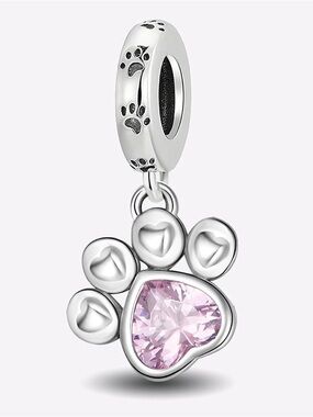 925 Pink CZ Paw Print Dangle Charm Pet Lover Dog Cat Bracelet Charm